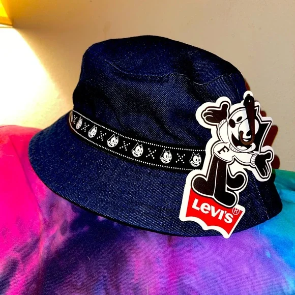 Levi's Felix The Cat Bucket Hat Denim Cap Reversible Cotton Size M 23  Inches UNI